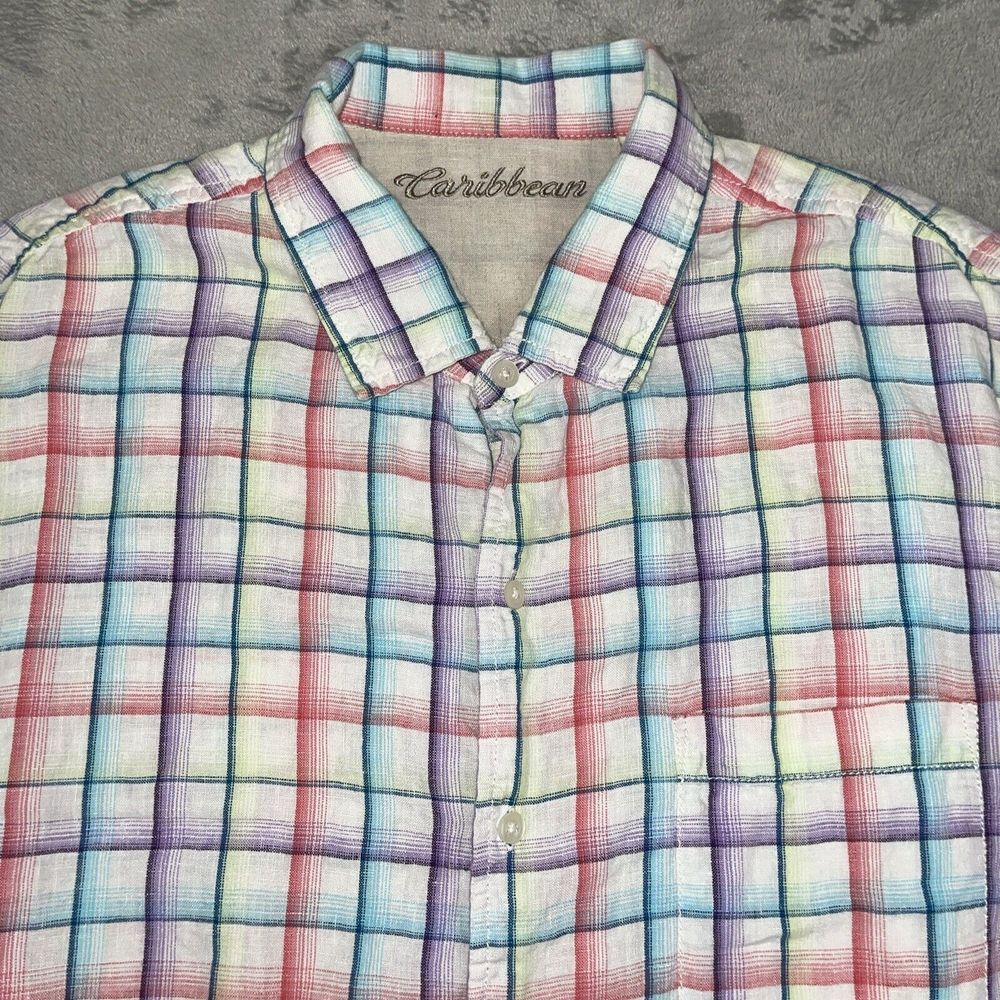 Caribbean Mens Linen Shirt Button Down Long Sleeve XL Plaid Colorful EUC
